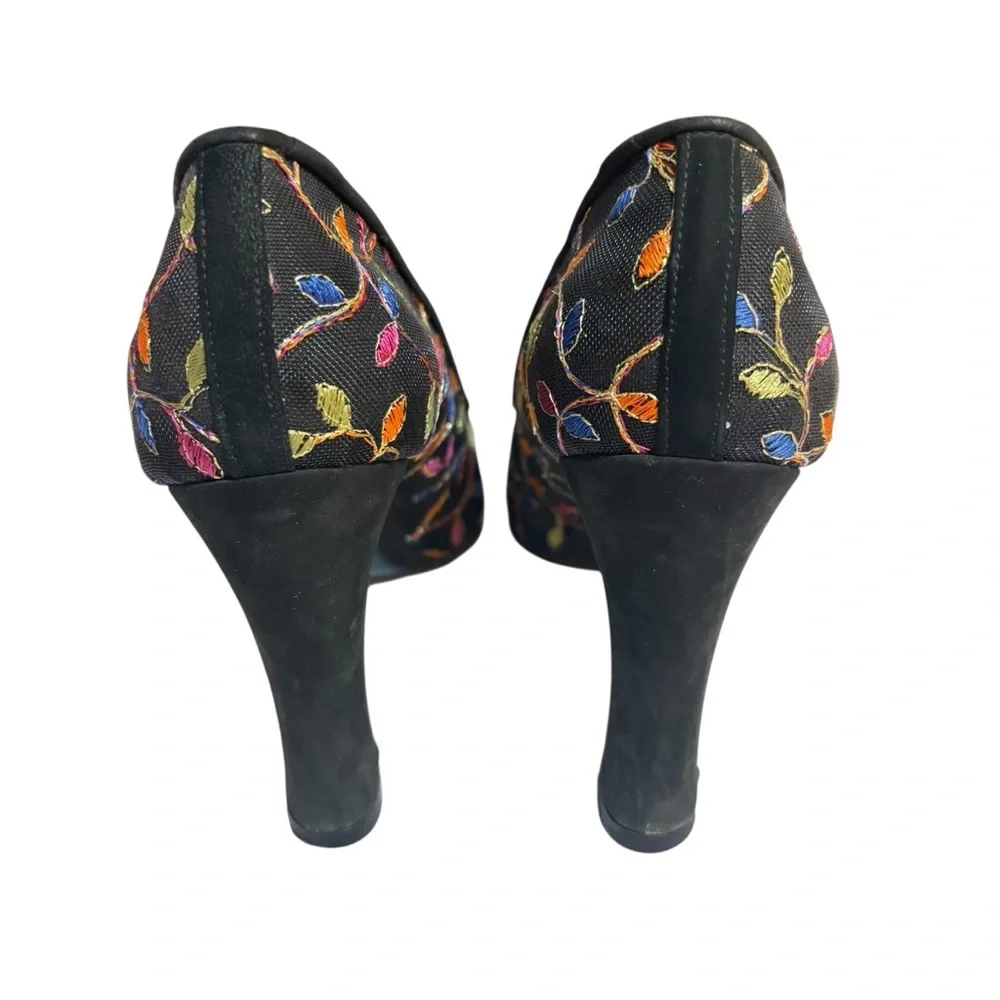 Delman heels black pointy toe mesh embroidered multicolor vines pumps size 6